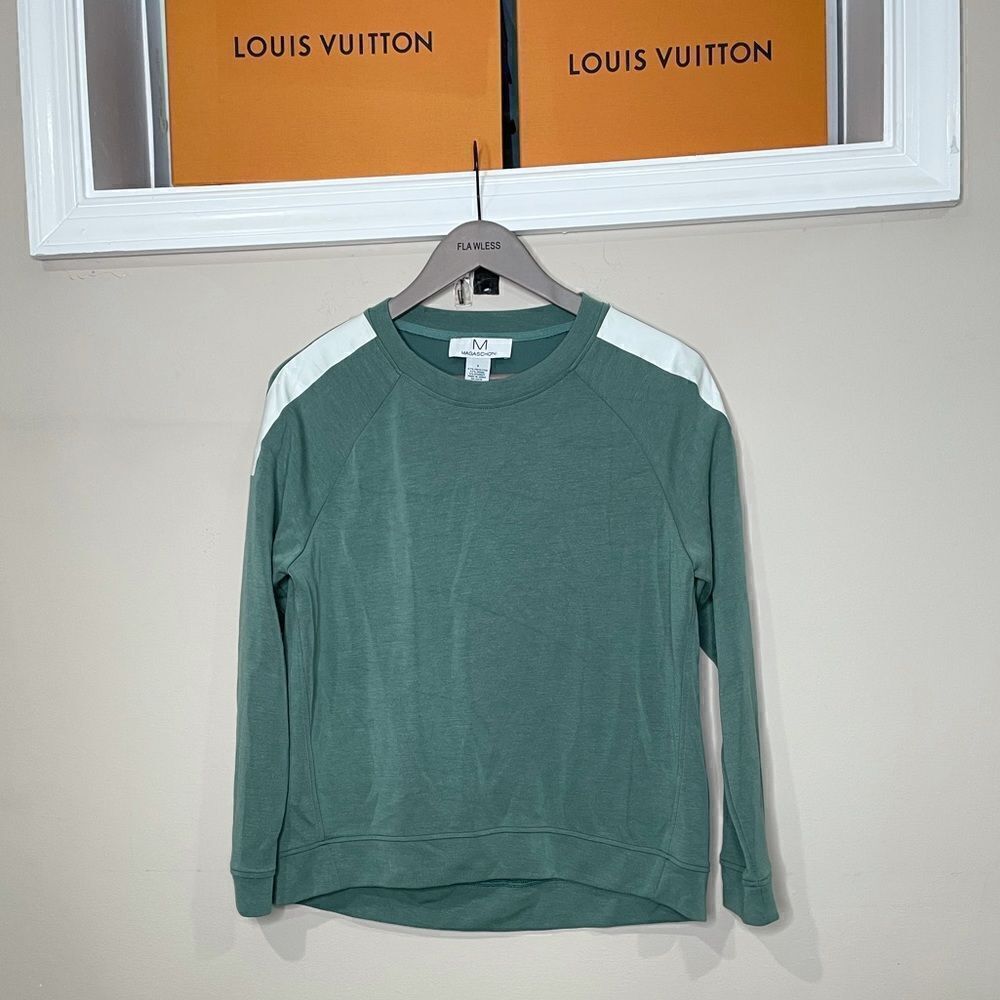 Magaschoni Green Cotton Modal Blend Long Sleeve w/ White Shoulder Stripes